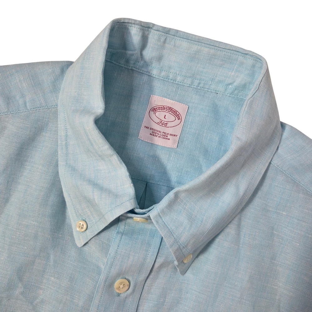 Brooks Brothers Linen Shirt Mens Large Short Sleeve Light Blue Preppy Summer